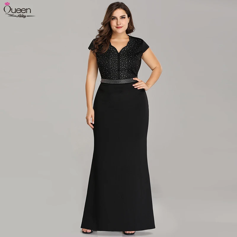 Черные вечерние платья размера плюс с V образным вырезом бисером и коротким