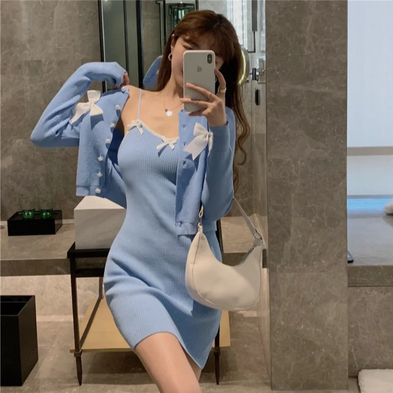 

Knitted Dress White Two-piece Suit Bow Spring Autumn Korean Fashion Black Spaghetti Strap Woman Dress Bodycon Off Shoulder