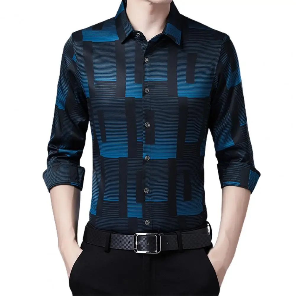 

Men Shirt Print Slim Casual Turn-down Collar Vintage Single-breasted Autumn Top for work