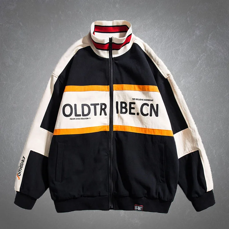 

Harajuku Baseball Jackets Mens Patchwork Hit Color Letter Printed Hip Hop Streetwear Casual Loose College Style Couples Jacket