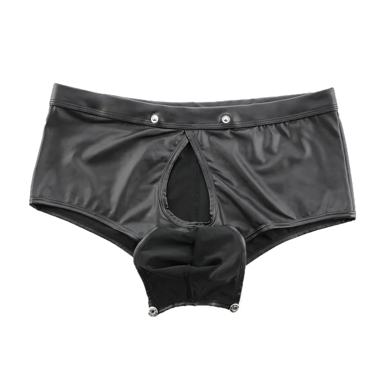 Sexy Mens Boxer Shrots PU Leather Open Crotch Lingerie Panties Wetlook Clubwear Stage U-convex Pouch Boxershorts Gay Underwear | Мужская