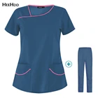 Униформа медицинской медсестры, защитная одежда, рабочая лаборатория, Женский костюм с коротким рукавом и V-образным вырезом, однотонный костюм для медсестры
