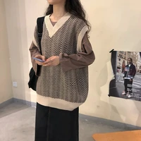 sweater vest women korean style fashion casual v neck patchwork jacquard jumpers streetwear elegant ladies soft retro all match