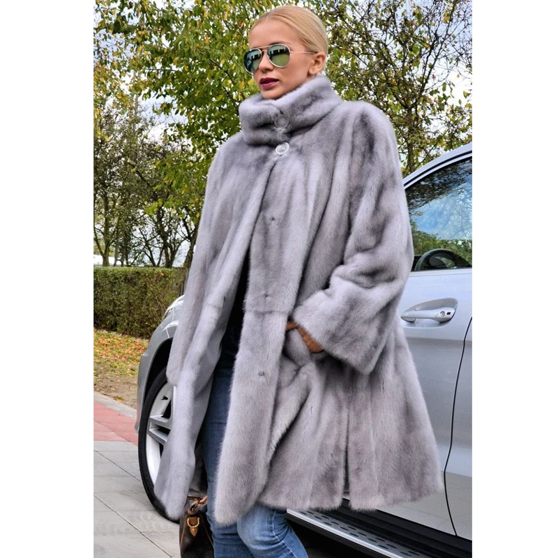 BFFUR Fashion Long Real Mink Fur Coats Stand Collar Winter New Women Full Pelt Mink Fur Overcoats Luxury Woman Fur Coat Natural