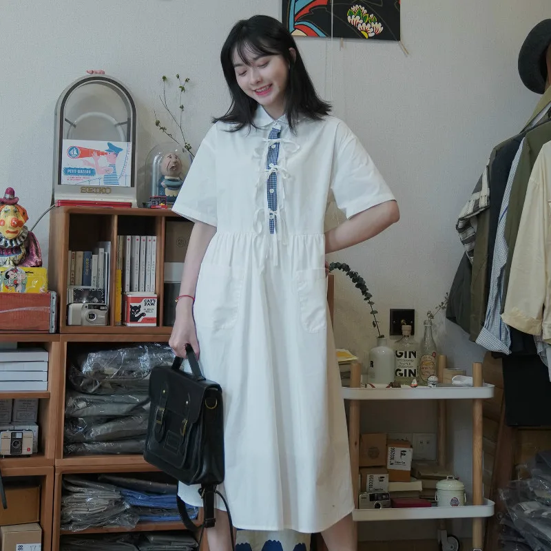 Dress Women Harajuku Patchwork Short Sleeve Bandage Baggy Preppy Style Summer Dresses Cute Girls Casual Midi Girlfriend Fashion | Женская