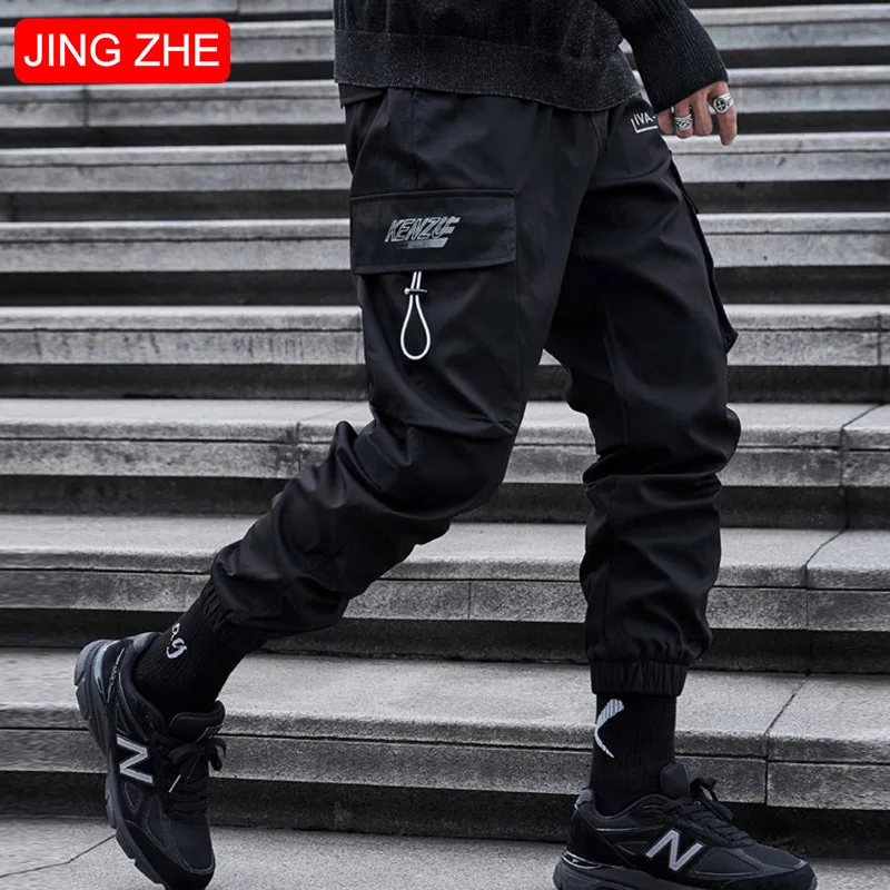 

JING ZHE Casual Pants Men 2021 Hip Hop Pocket Cargo Pants Autumn Streetwear Harajuku Tactical Joggers Trousers Black Pants