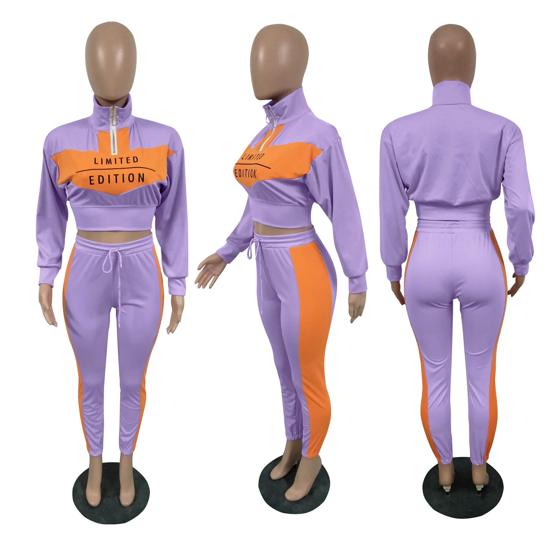 

Letter Patchwork Casual Crop Two Piece Sets Fashion Zipper Long Sleeve Top Autumn Pants Suits Women Plus Size Tracksuits Sets