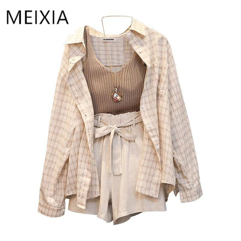 

MEIXIA Spring Summer Women Three piece sets Casual Linen Plaid Tops + Shorts Elastic Waist Wide Leg Pants Suit Set 3 Piece Set
