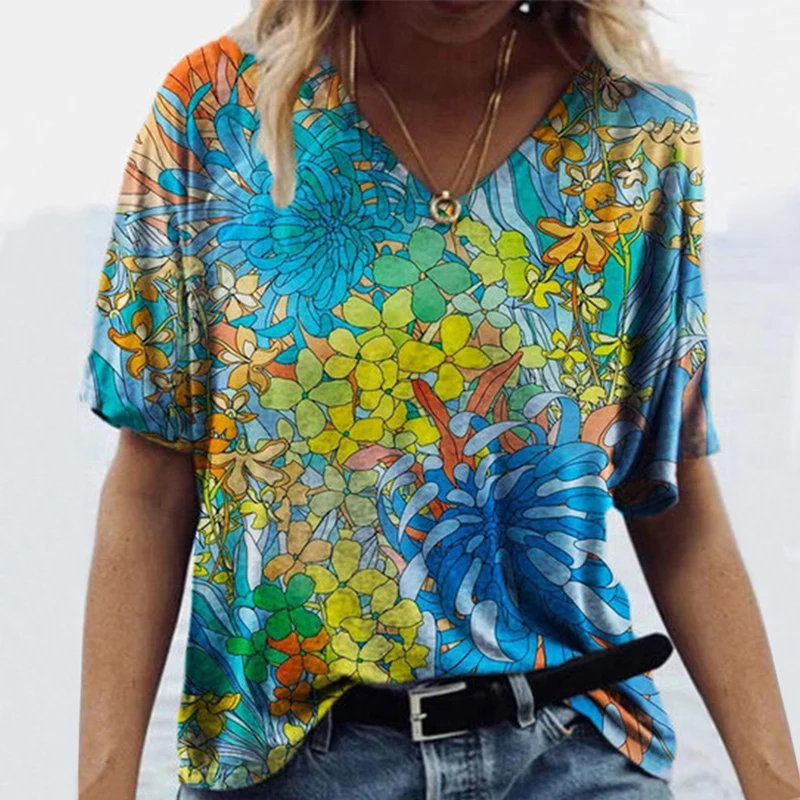 

2021 Summer Elegant V-Neck Colorful Printed Blouse Women Shirt Fashion Casaul Short Sleeve Tops Pullover Female Loose Streetwear