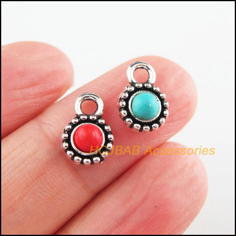 

25Pcs Tibetan Silver Tone Flower Red & Blue Stone Tiny Round Charms Pendants 7x11mm