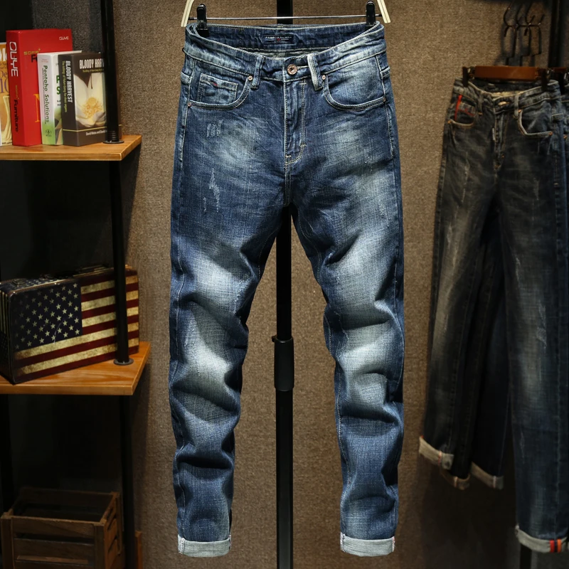 Джинсы мужские облегающие модные синие эластичные брюки из денима роскошные