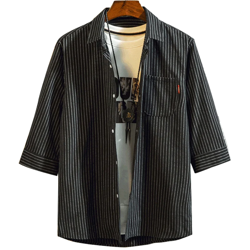 

Loldeal New Style Half Sleeve Shirt Fashion Front Pocket Slim Fit Casual Striped Cotton Blend