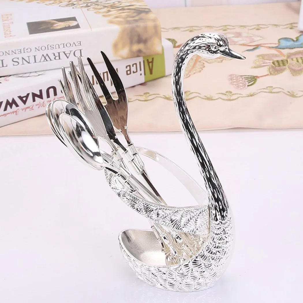 

7 Pcs Swan Dinnerware Set Swan Fruit Base Holder Spoon Fork Cutlery Coffee Cake Fruit Salad Dessert Flatware Teaspoon