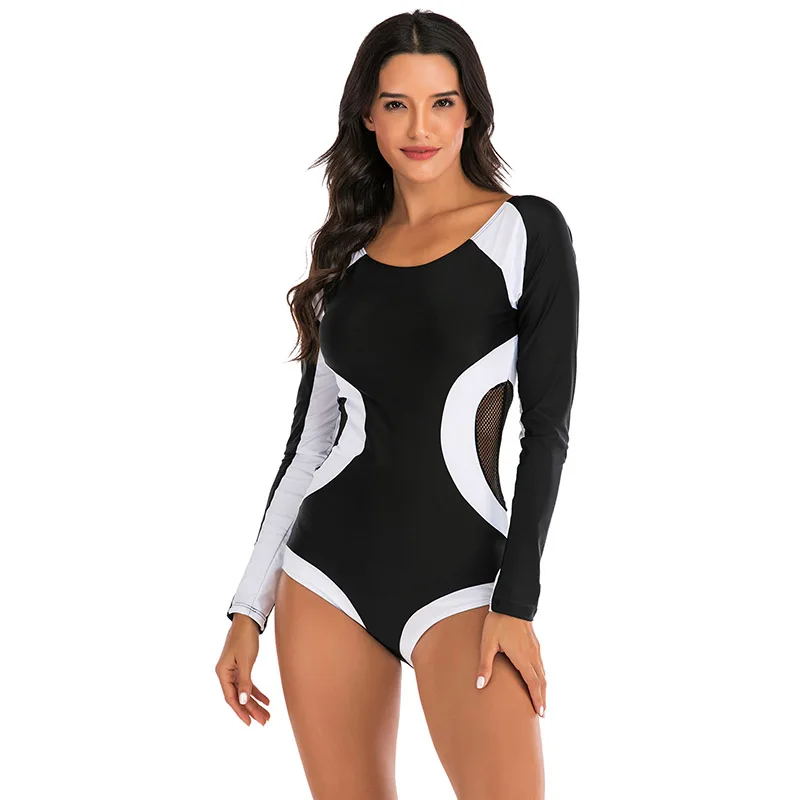 New See Through Long Sleeve Rash guards Women Mesh Swimwear One Piece Swimsuit Sports Surf Beach wear Bikini Bathing Suits