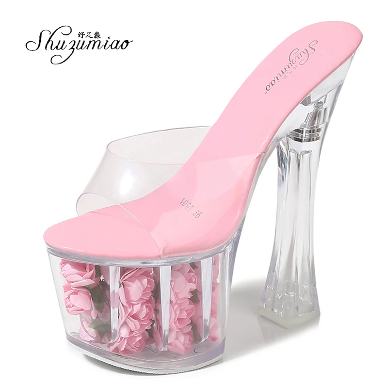 Женские шлепанцы на очень высоком каблуке 17 см сандалии платформе прозрачные с