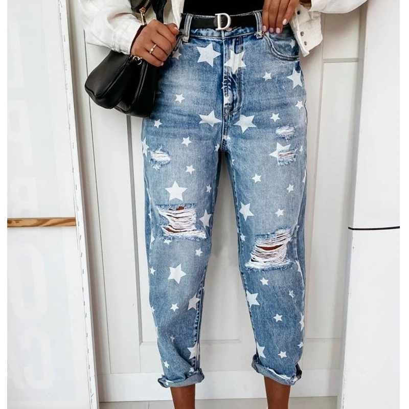 

Wepbel Washed Denim Trousers for Women Star Pattern Ripped Jeans Fashion Summer Streetwear Pencil Pants Jeans Trousers