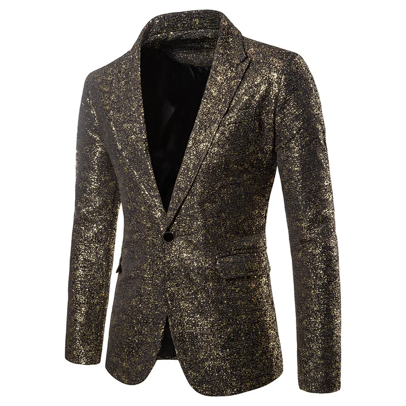 Золотой Блестки пайетки блейзер для мужчин 2019 бренд Slim Fit One Button Мужской Блейзер