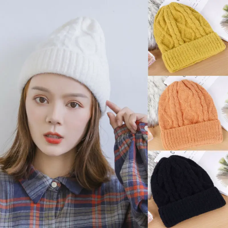 Новая зимняя женская теплая однотонная Повседневная вязаная шапка мешковатая