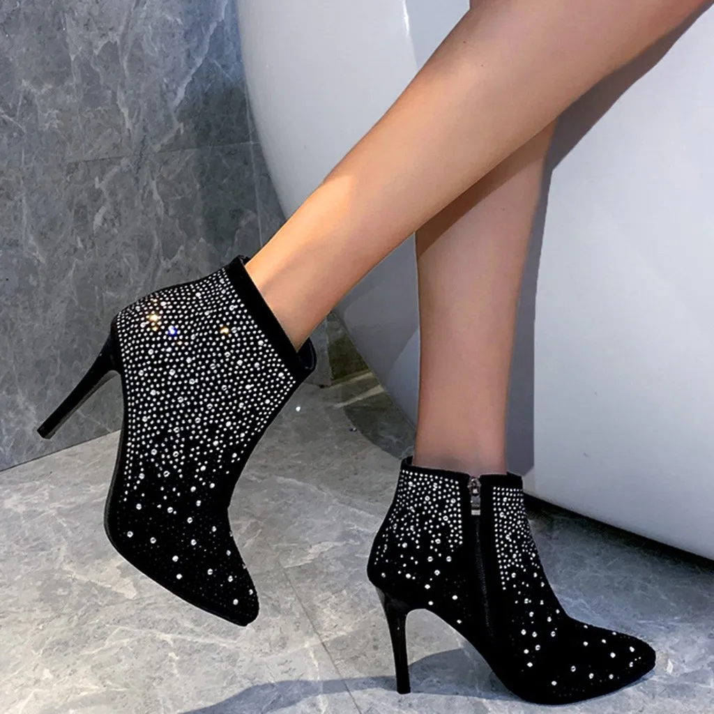 Ботильоны с блестками; женские пикантные полусапожки; осенние ботинки на застежке с острым носком; Женская стильная обувь на шпильках; шикарная обувь для вечеринки; Botas