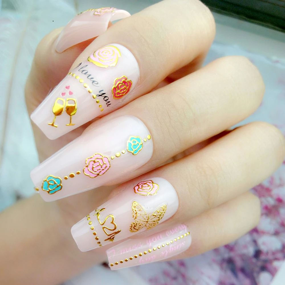 

30Pcs 3D Nail Art Stickers For Designs Adhesive Gold Lace Hollow Decals Colorful Flower Cherry Full Cover Tips