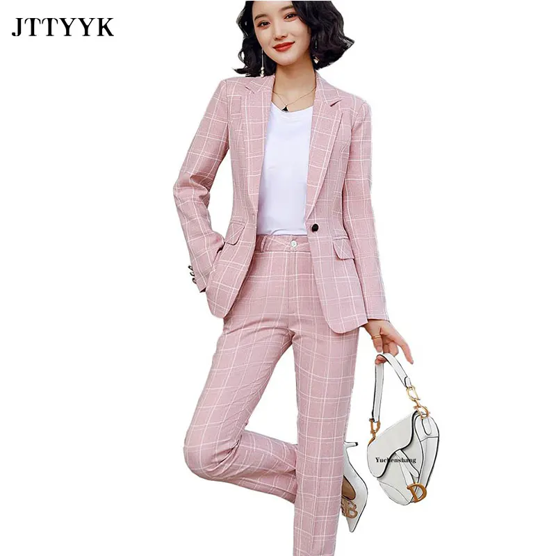 Business Trouser Suits Casual Plaid Pant Suit Women Spring Oversize Blazer Pink White Black Jacket Coat And Trouser 2 Piece Se