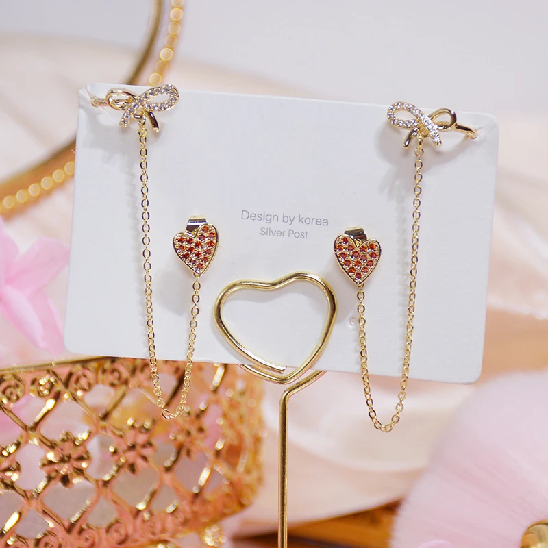 

High Quality 14K Real Gold Bowknot Heart Earrings for Women Top Designer Luxury Jewelry AAA Zirconia S925 Silver Needle Stud Hot