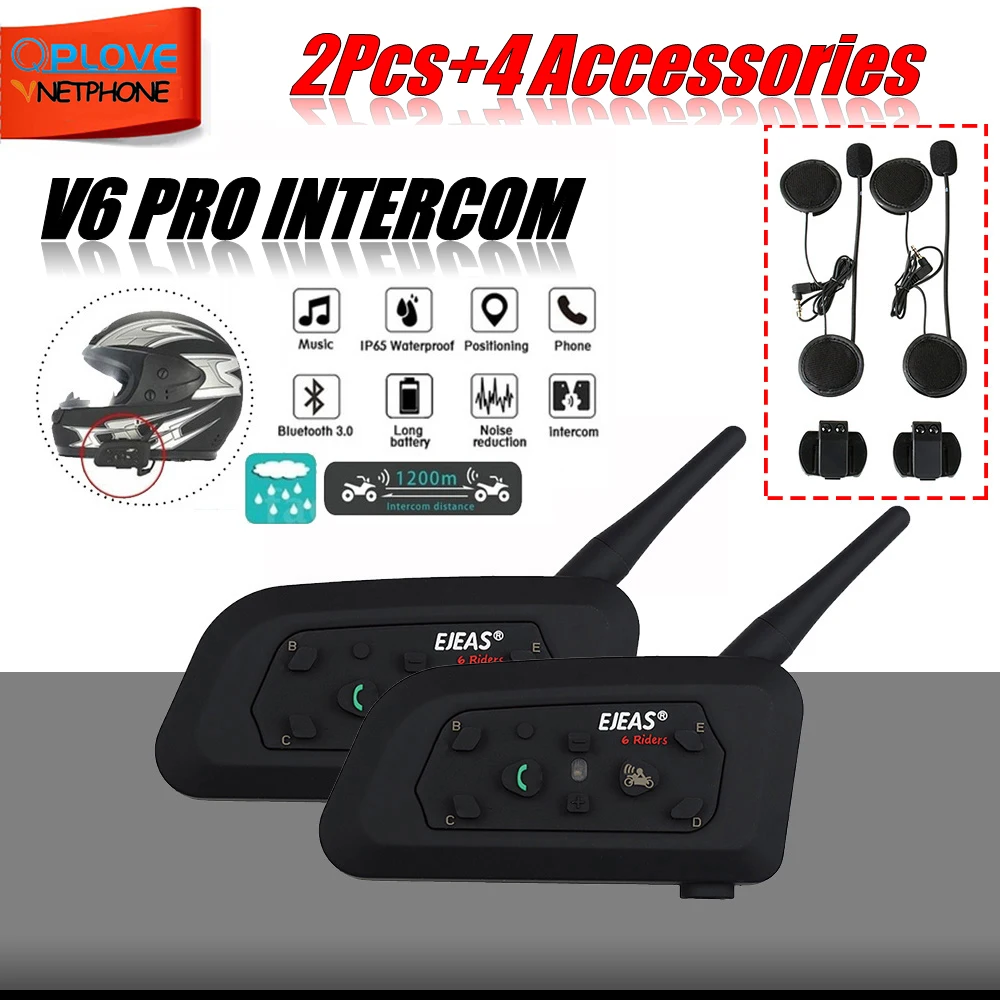 QPLOVE ejeas 2 комплекта V6 Pro мотоциклетный домофон 4 аксессуары динамик 1200 м Bluetooth