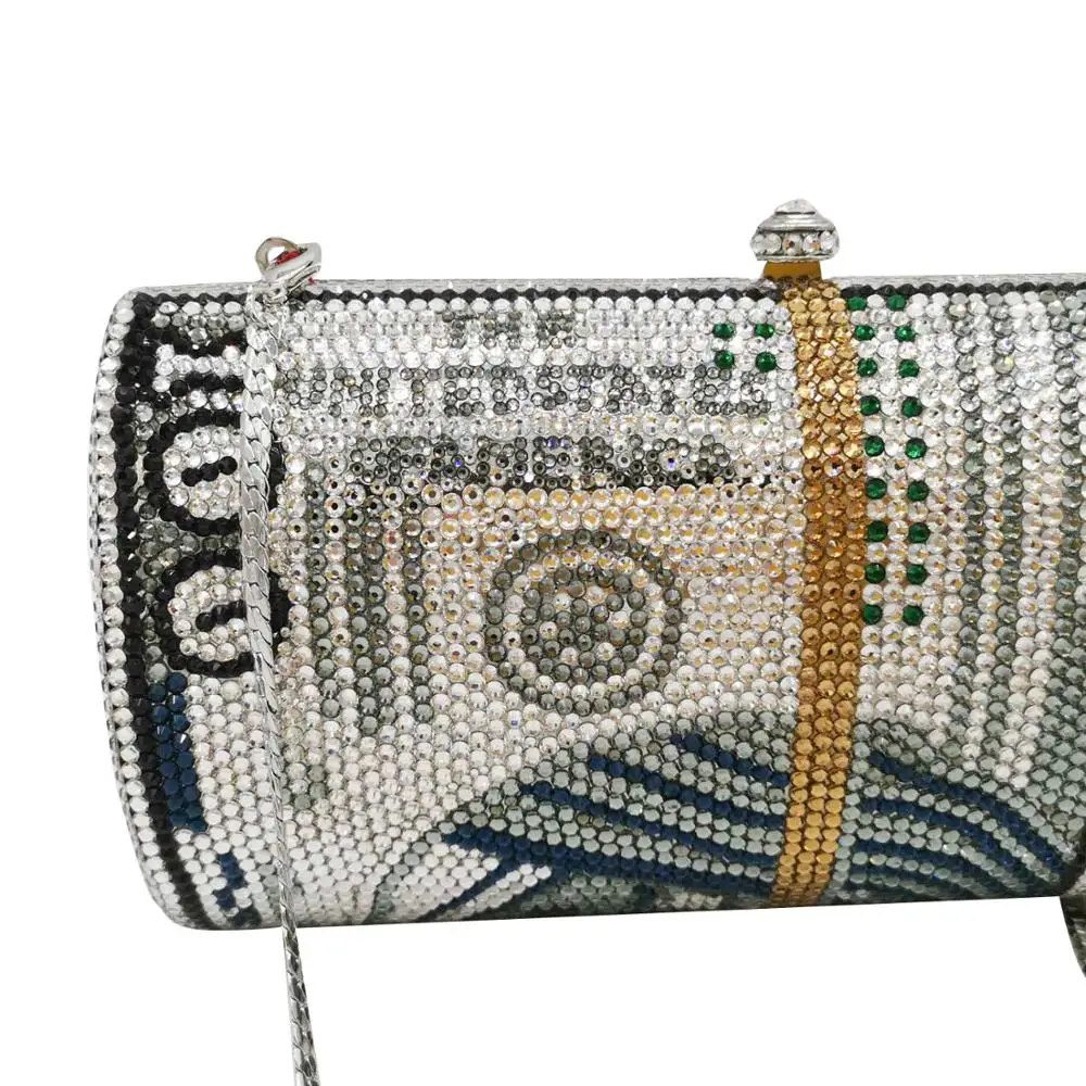 

Stack of Cash Round Barrel Women Crystal Evening bag Clutch Bags Hard Metal Diamond Minaudiere Party Handbags Purse clutches bag