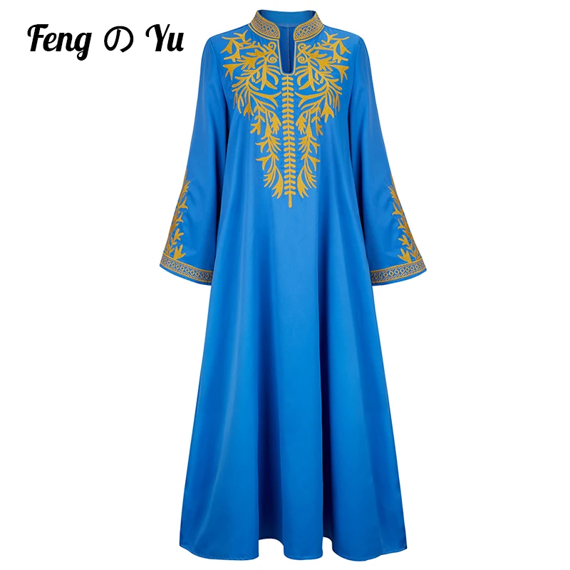 Muslim Ladies Long Sleeve Blue Satin Robe Stand Collar Islamic Arab Robe Neckline Cuff Embroidered Loose Robe XL bow tied botanical embroidered bell cuff tee