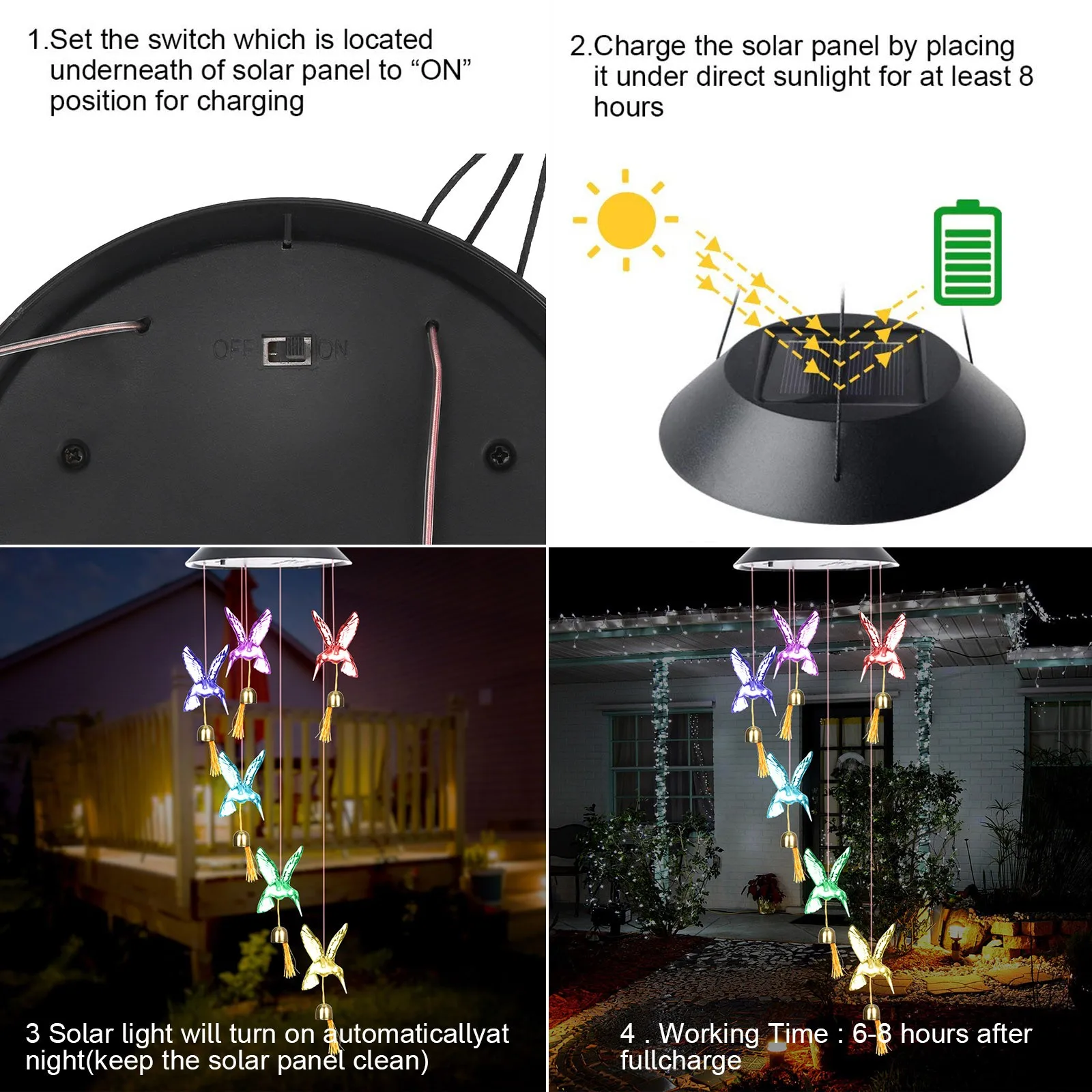 

Colorful Hummingbird Wind Chimes Solar Outdoor Led Lamp Yard Garden Decoration Party Festival Home Decoration Accessories