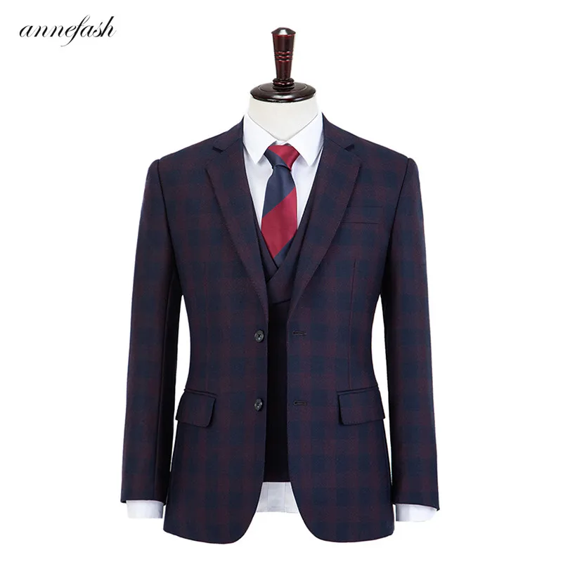 

Wool woolen blue and red windowpane plaid tweed men suit Custom made Retro men wedding blazer suit 3pcs