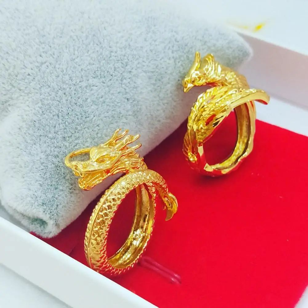 Кольцо с драконом и Фениксом для пар песочное золото открытое регулируемое