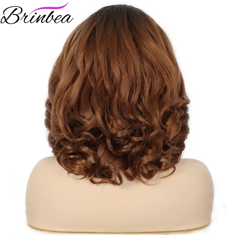 

Brinbea 14 Inch Brown Loose Wave Synthetic Wigs for Black Women Heat Resistant Middle Parting Hair Short Swiss Lace Front Wigs