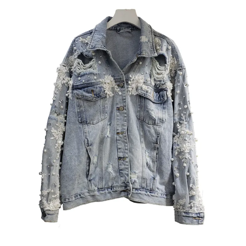 

European Fashion Denim Jacket Woman 2021 Autumn New Exquisite Rhinestone Beaded Three-Dimensional Flower Loose Hole Jeans Coats