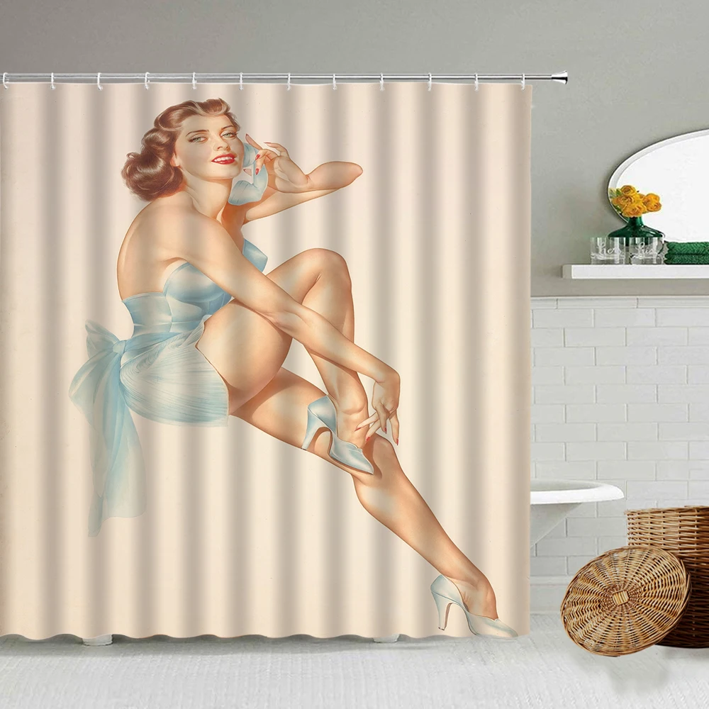 

American Sexy Woman Shower Curtain Cartoon Girl Creative Design Bathroom Decoration With Hook Waterproof Polyester Screen Set