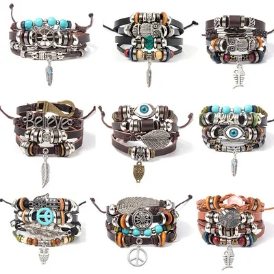 

4Pcs/ Set Braided Wrap Leather Bracelets for Men Vintage Life Tree Rudder Charm Wood Beads Ethnic Tribal Wristbands Men Jewelry