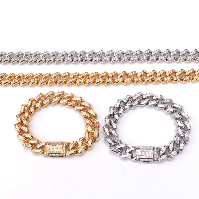 Цепочка-браслет Мужская 14 мм с фианитами цепочка кубинским звеном Майами |