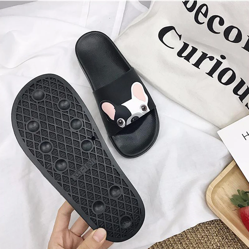 

Summer Women Slippers Cartoon Bulldog Sandals Flat Comfortable Beach Slides Cute Funny Bathroom Floor Home House Shoes