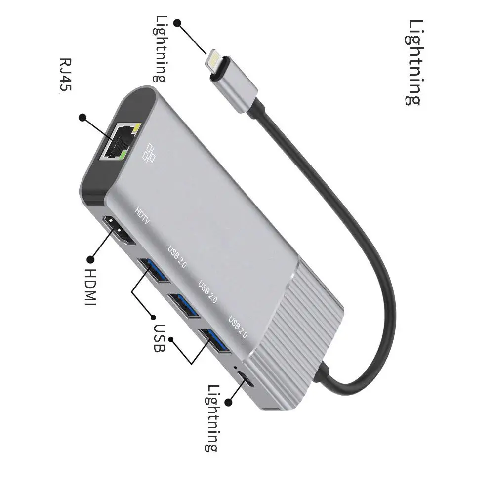 Док-станция 6-в-1 с 3 портами Lightning на сетевую карту RJ45/HDMI USB2.0hub/многофункциональная