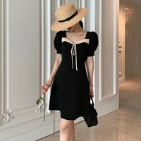 elegant womens black dress ladies robe bowknot square neck short sleeve party midi dress 2021 summer vestidos korean clothing
