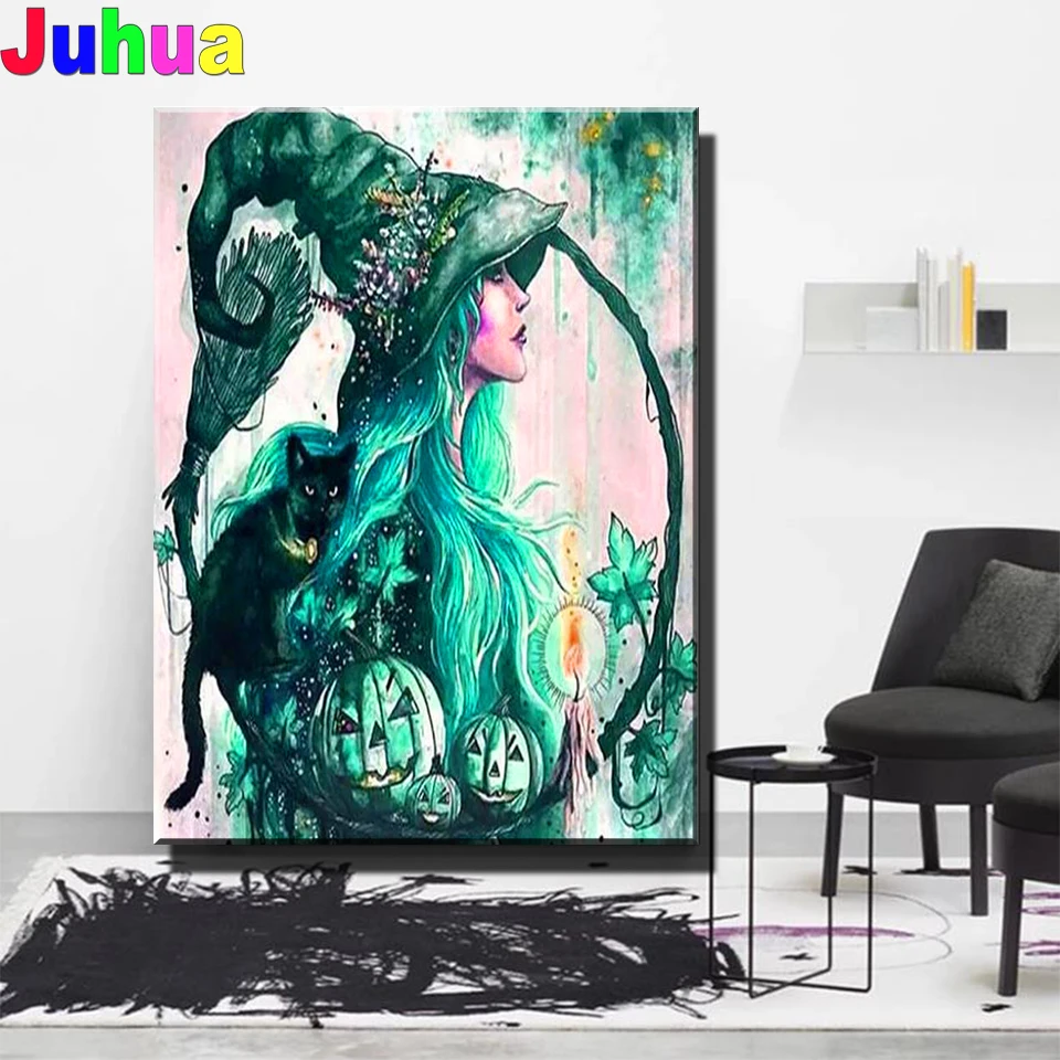 

diamond Mosaic full Green Hat Girl And Cat painting,Diy Halloween Gift diamond embroidery home decoration 2022 Top New