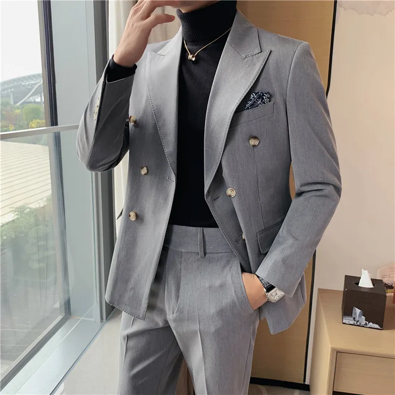 

2021 Men's Suit Two Piece Solid Color Double Breasted Bridegroom Wedding Dress Slim Suit Men Suits