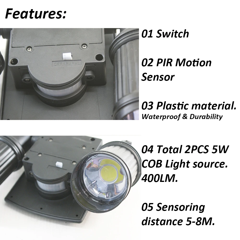 Яркий солнечный светильник COB светодиодный с двойной головкой регулируемый