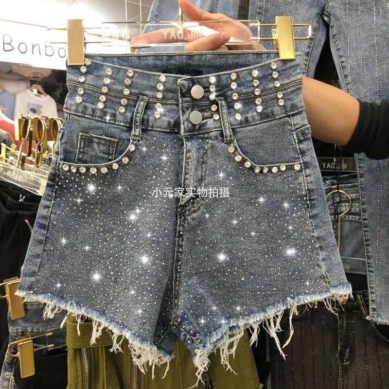 

2020 Summer New Heavy Work Beaded Diamond Set High Waist Slim Wide Leg Washed Denim Shorts Women Harajuku Street Style Shorts