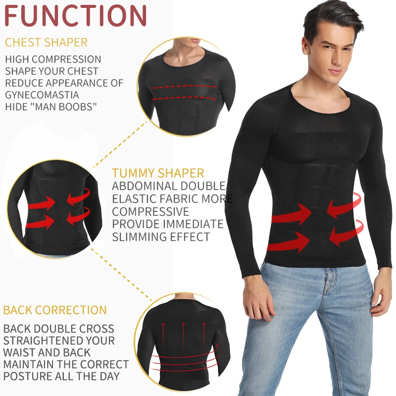 Tight Skinny Men's Slimming Elastic Body Shapewear Long Sleeve Shirt Sports Fitness Compression Abdomen Tummy Waist Control Top