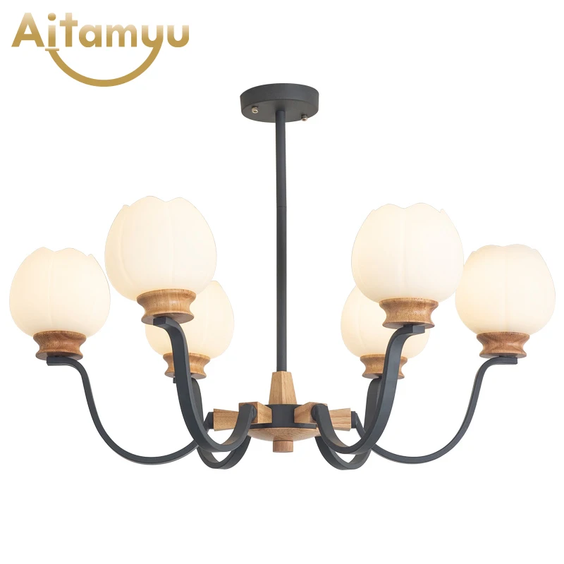 Nordic Wooden Chandelier Solid Wood LED Ceiling E27 With Glass Lampshade creative Lighting Fixtures Hanging Light | Лампы и освещение