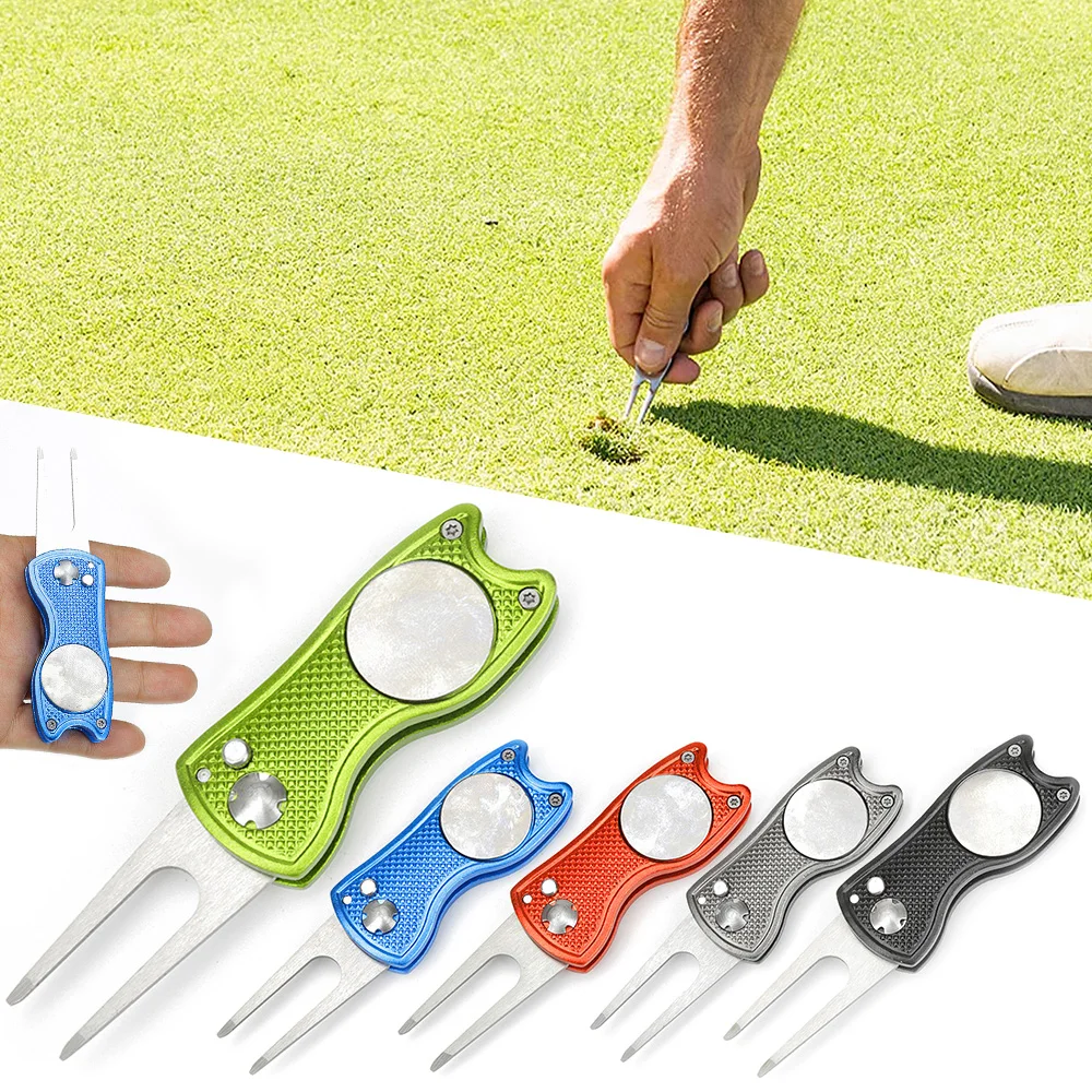 

Mini Foldable Golf Green Fork Divot Tool Ball Marker Pitchfork Putting Fork Training Repair Switchblade Pitch Groove Cleaner