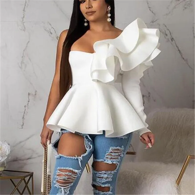Женская блузка на Одно Плечо Топы пикантные Пеплум с оборками Тонкий вечерние