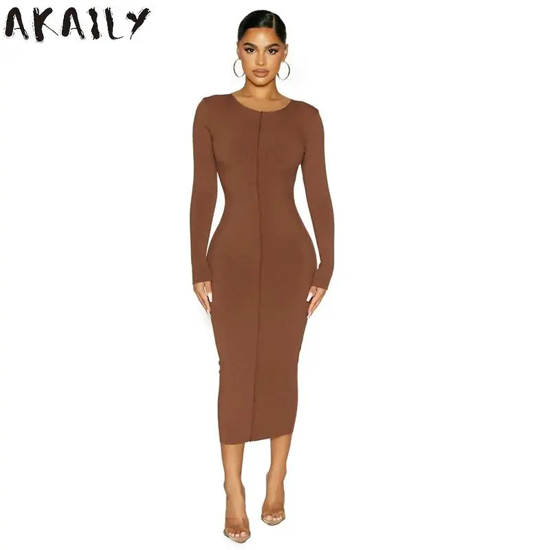 

Akaily осенне-зимние уличные платья для женщин 2021 облегающее длинное платье с круглым вырезом и длинным рукавом женское повседневное Белое пл...