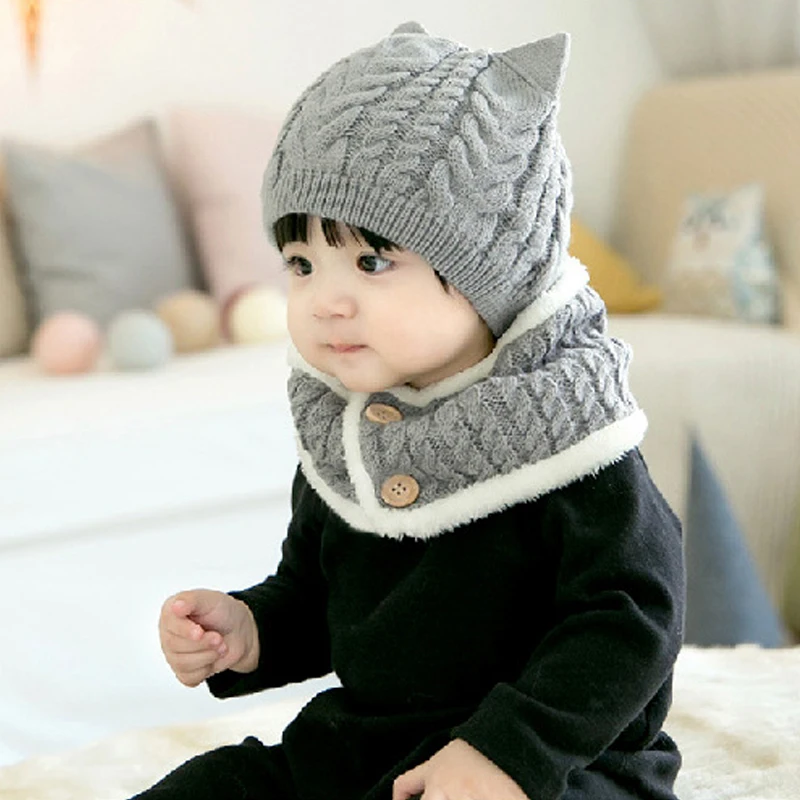 2Pcs/Set Baby Hats Scarf Knitted Wool Newborn Turban Beanie Warm Print Caps Soft Hat For Girls Boys Elastic Bonnet Autumn Winter | Детская
